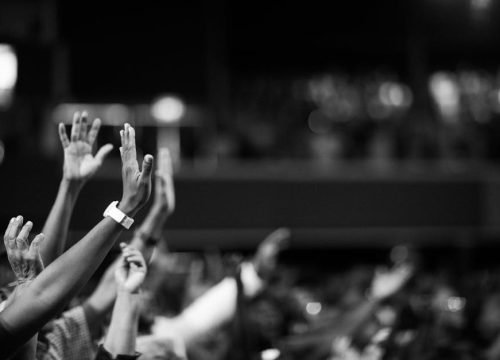 Black and white image of audience with hands raised, capturing concert energy.